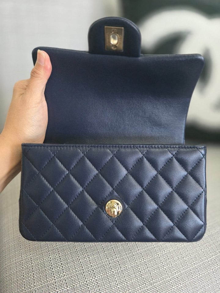 Chanel Navy Lambskin Mini Rectangular Flap Bag with Champagne GHW and Top Handle