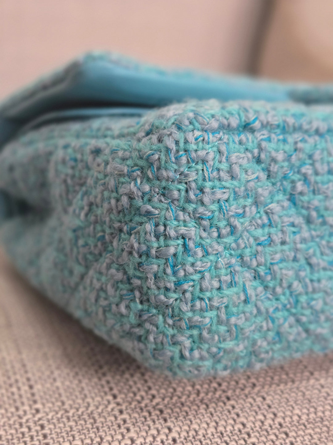 Chanel 22B 2022 Fall/Winter Collection Turquoise Blue Tweed Medium ML Timeless Classic Double Flap Bag with Champagne GHW