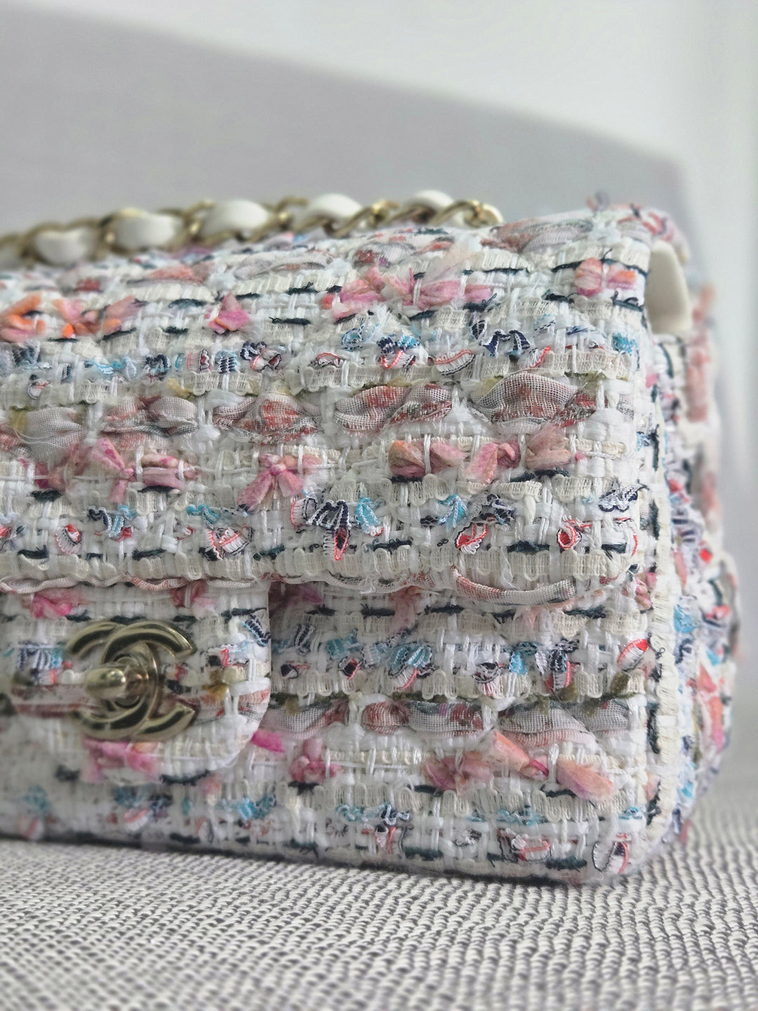 Chanel 23C 2022/2023 Cruise Collection Tweed Quilted Mini Rectangular Flap Bag in Ecru, Pink, Blue, and Green with Champagne GHW