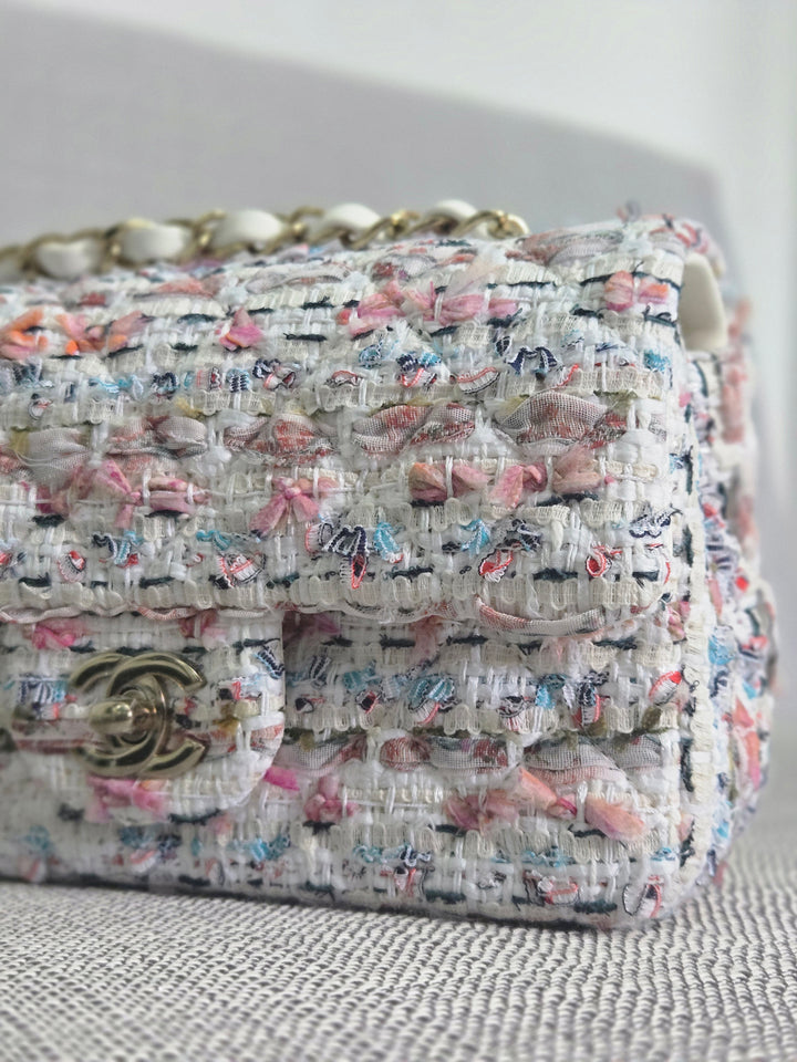 Chanel 23C 2022/2023 Cruise Collection Tweed Quilted Mini Rectangular Flap Bag in Ecru, Pink, Blue, and Green with Champagne GHW