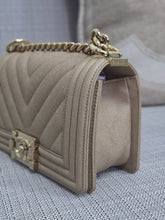 Load image into Gallery viewer, Chanel series 26 18A 2018 Fall/Winter Collection Iridescent Light Beige Chevron Caviar Le Boy Flap Bag size Small with Shiny GHW
