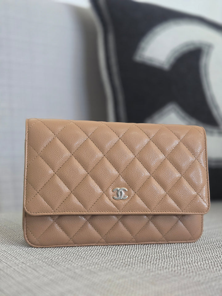 Chanel Dark Beige Caviar Champagne GHW Classic Wallet on Chain (WOC) 2023