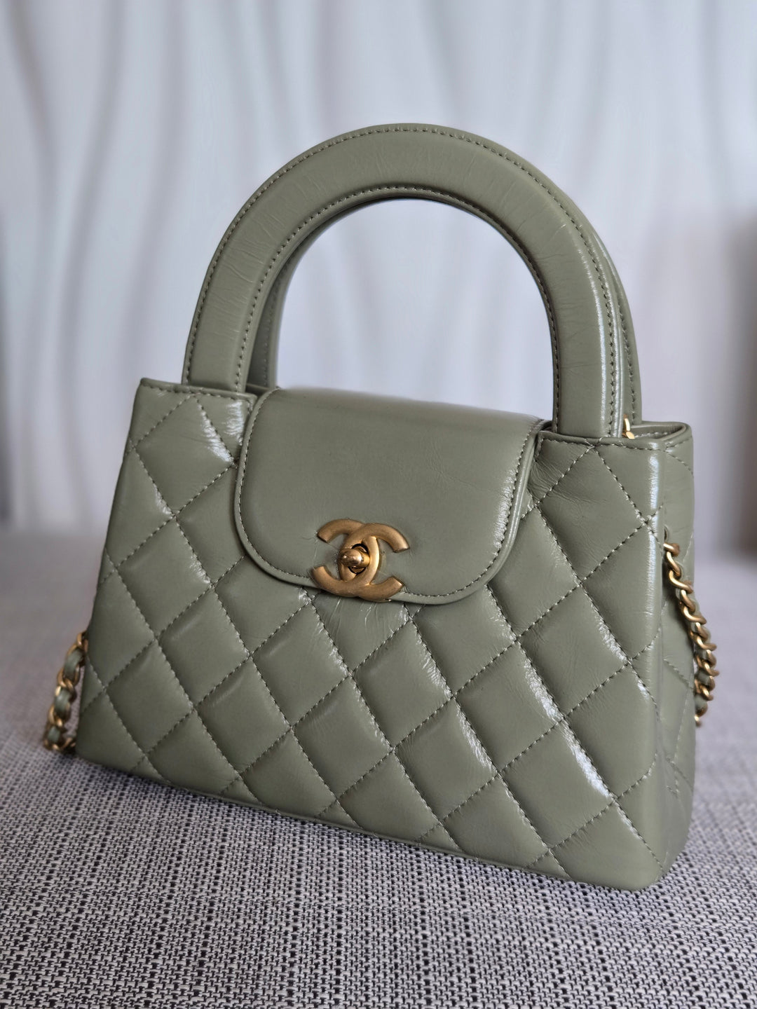 CHANEL Sage Khaki Green Glazed Calfskin Aged GHW Nano Kelly Shopping Bag size Small (19cms)