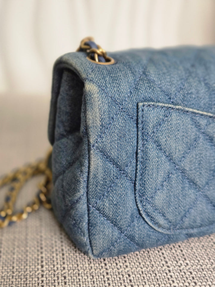 CHANEL 23C 2022/2023 Cruise collection Denim Pearl Crush Adjustable Chain Mini Rectangular Flap Bag with Aged GHW