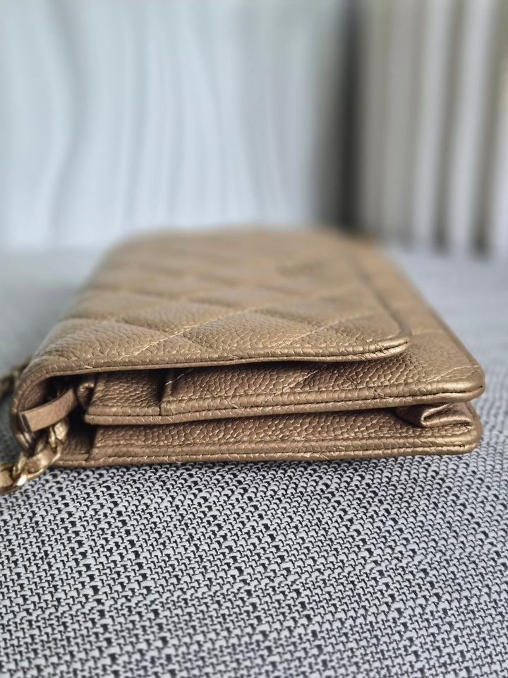 CHANEL series 20 2015 15B collection Gold Caviar Aged GHW Classic Wallet On Chain (WOC)
