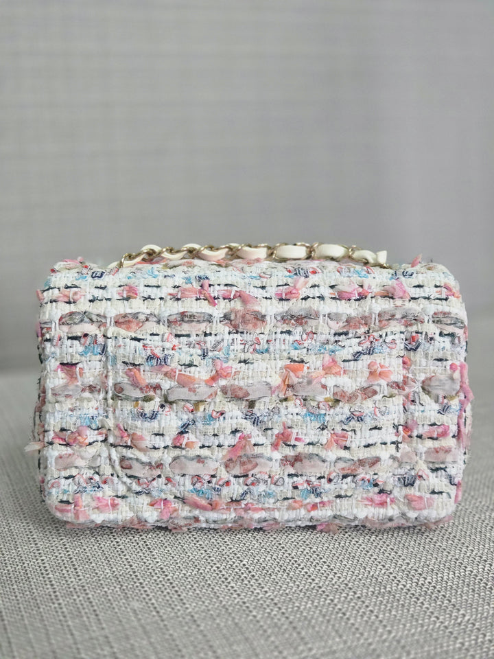 Chanel 23C 2022/2023 Cruise Collection Tweed Quilted Mini Rectangular Flap Bag in Ecru, Pink, Blue, and Green with Champagne GHW