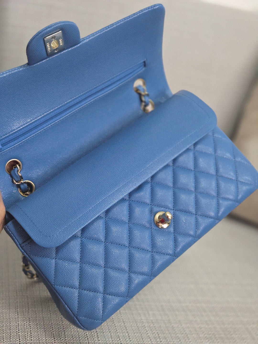 Chanel Series 30 Blue Caviar Medium Timeless Classic Double Flap Bag with Champagne GHW