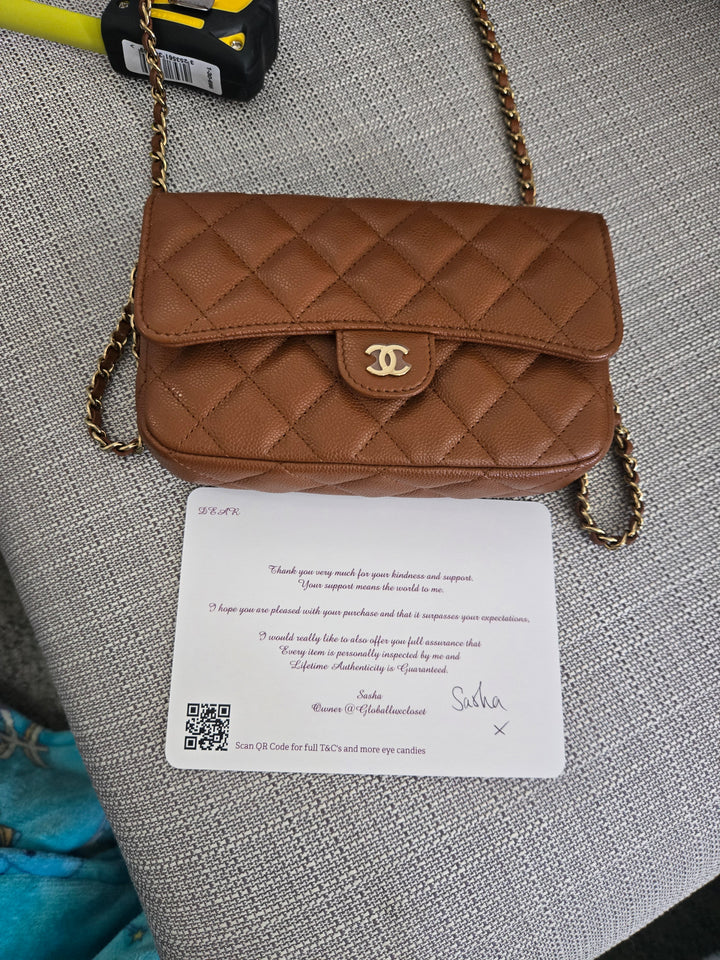 Chanel 2023 Caramel Brown Caviar Champagne GHW New Style Wallet on chain (WOC)