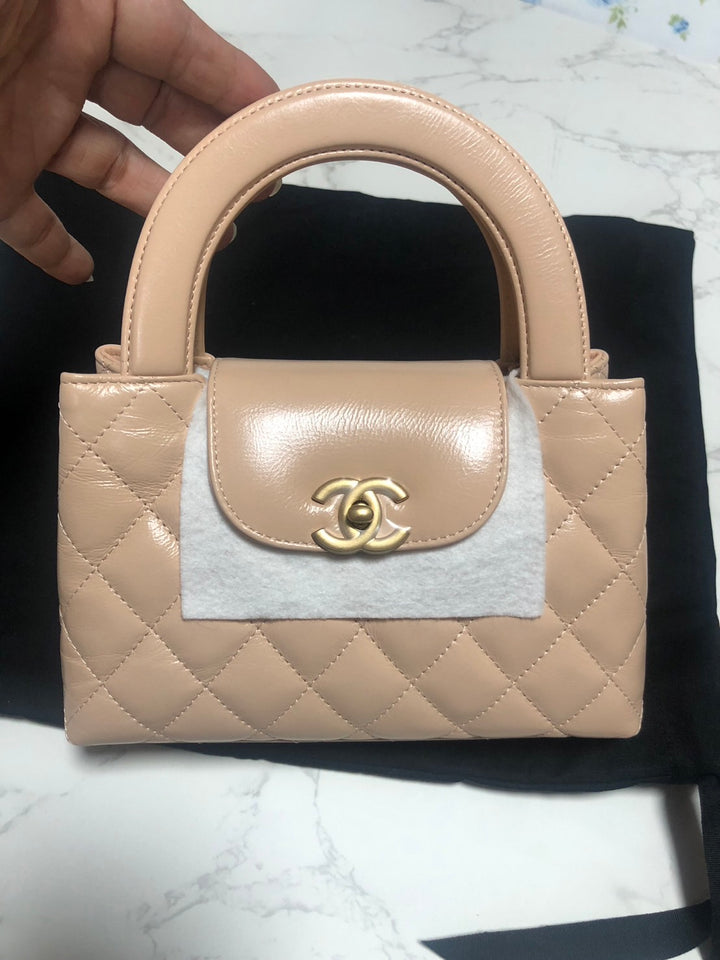 CHANEL 25C Beige Calf Skin aged GHW Kelly Nano Shopping Bag Size Small 19 cms fits iPhone pro max