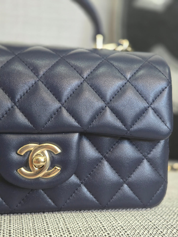Chanel Navy Lambskin Mini Rectangular Flap Bag with Champagne GHW and Top Handle
