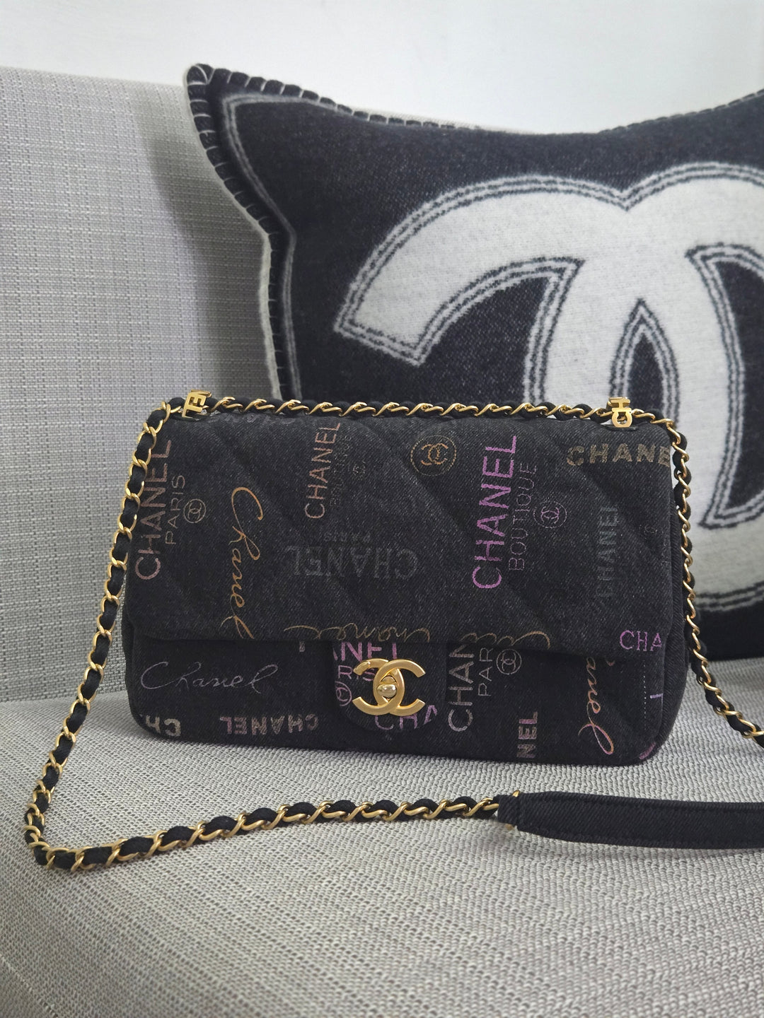 Chanel 22P collection Black Denim Mood Flap Bag with Aged GHW size Medium (25 cms)