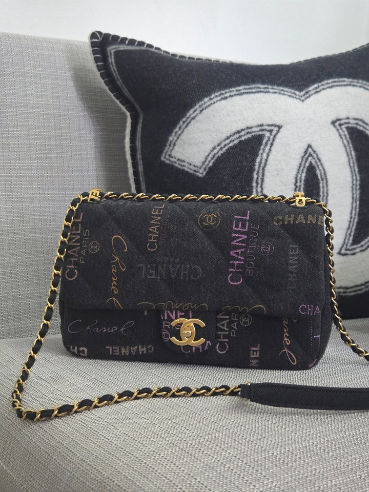 Chanel 22P collection Black Denim Mood Flap Bag with Aged GHW size Medium (25 cms)