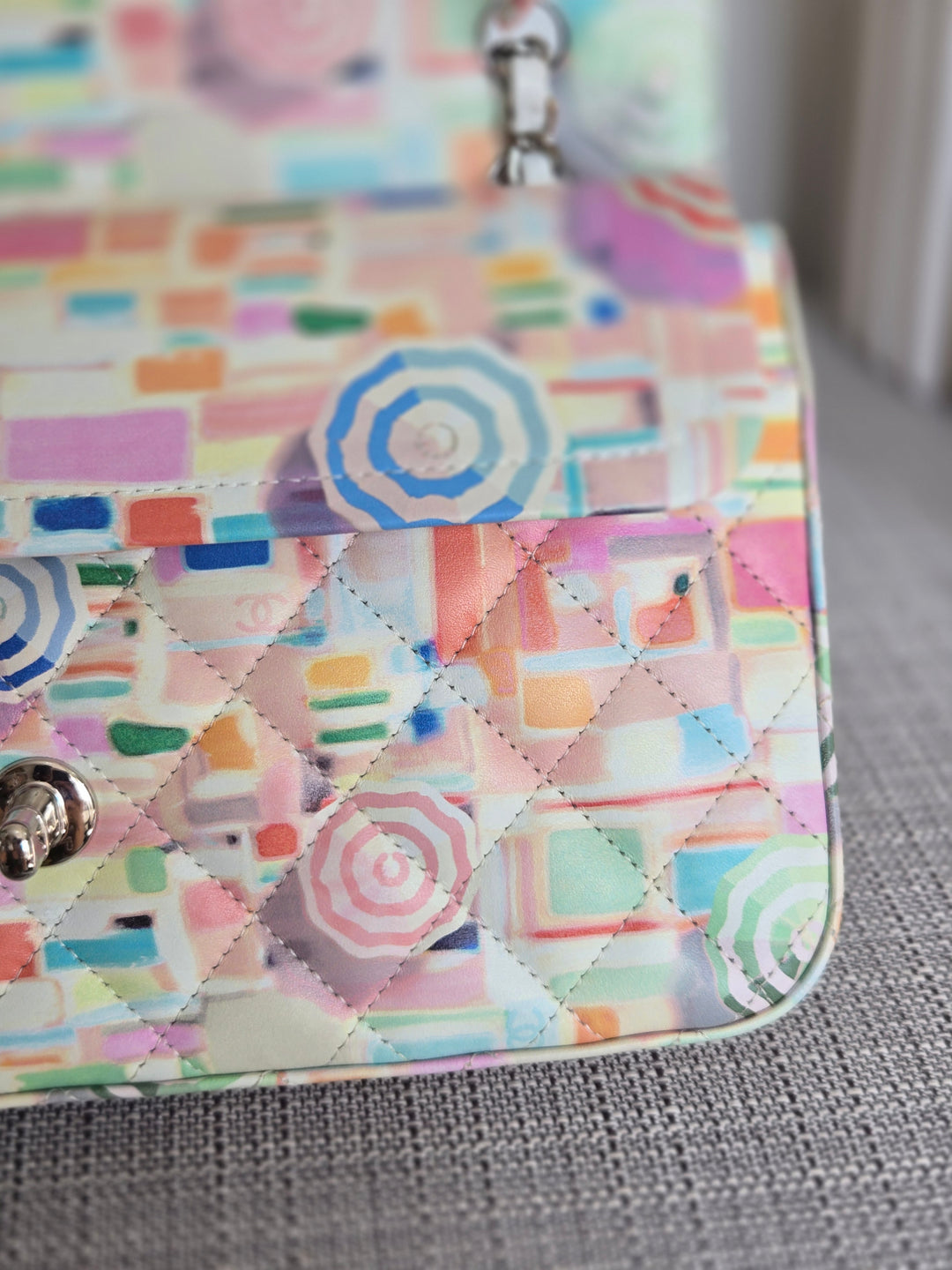 CHANEL Multi Color Rainbow Umbrella print calf skin SHW Medium Classic Double Flap Bag