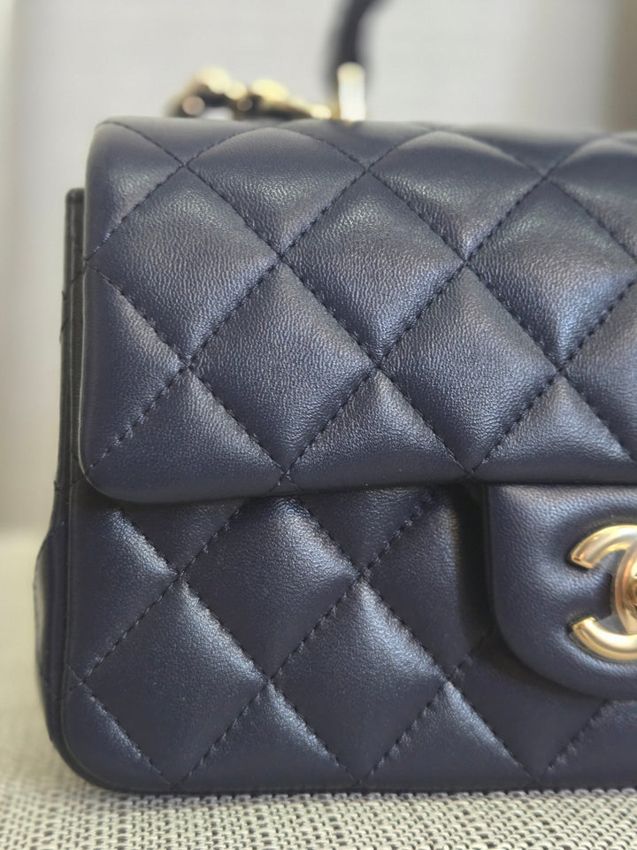 Chanel Navy Lambskin Mini Rectangular Flap Bag with Champagne GHW and Top Handle