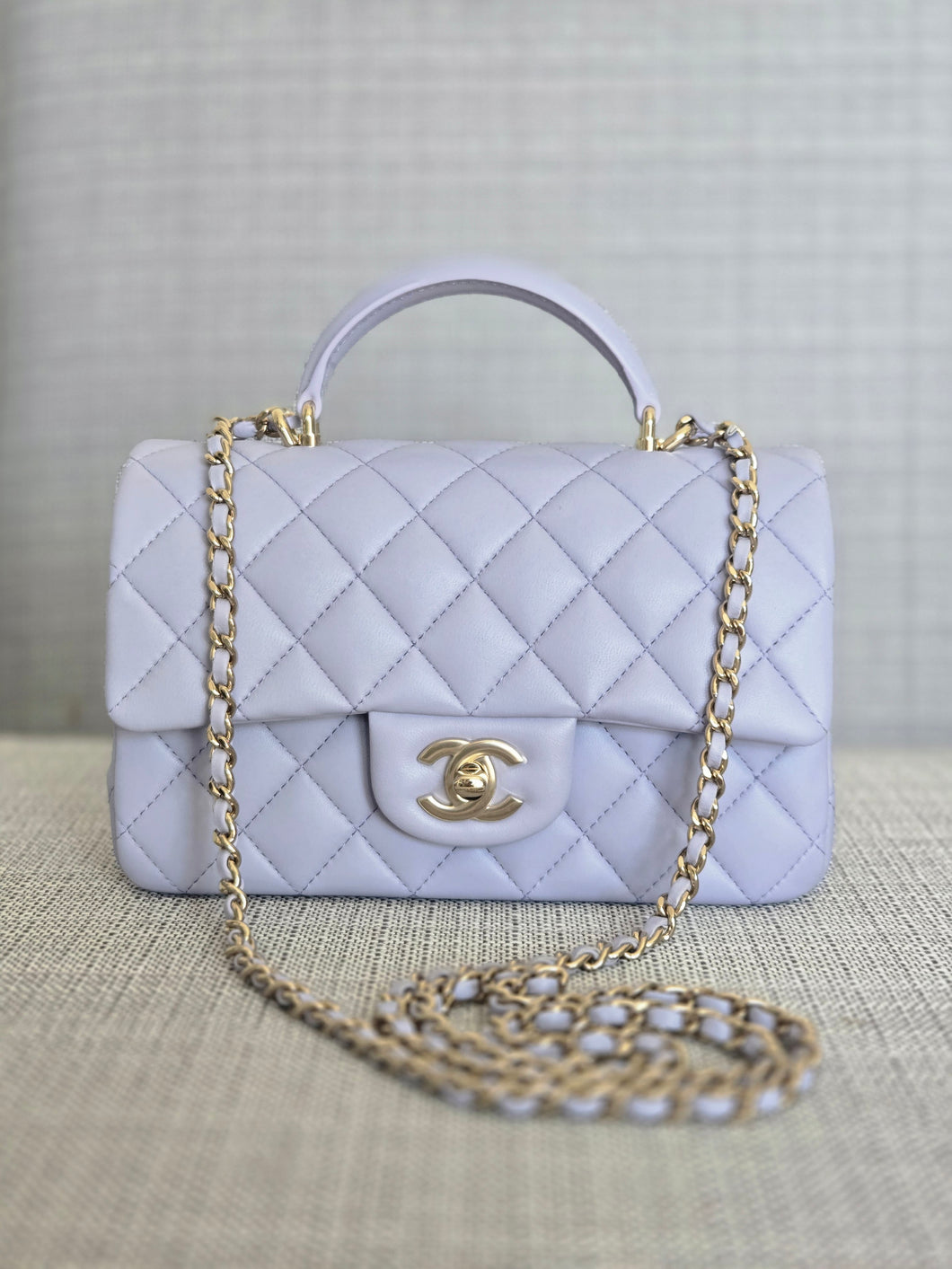 Chanel Light Purple/Lavender Lambskin Aged GHW Mini Rectangular Flap Bag with Top Handle