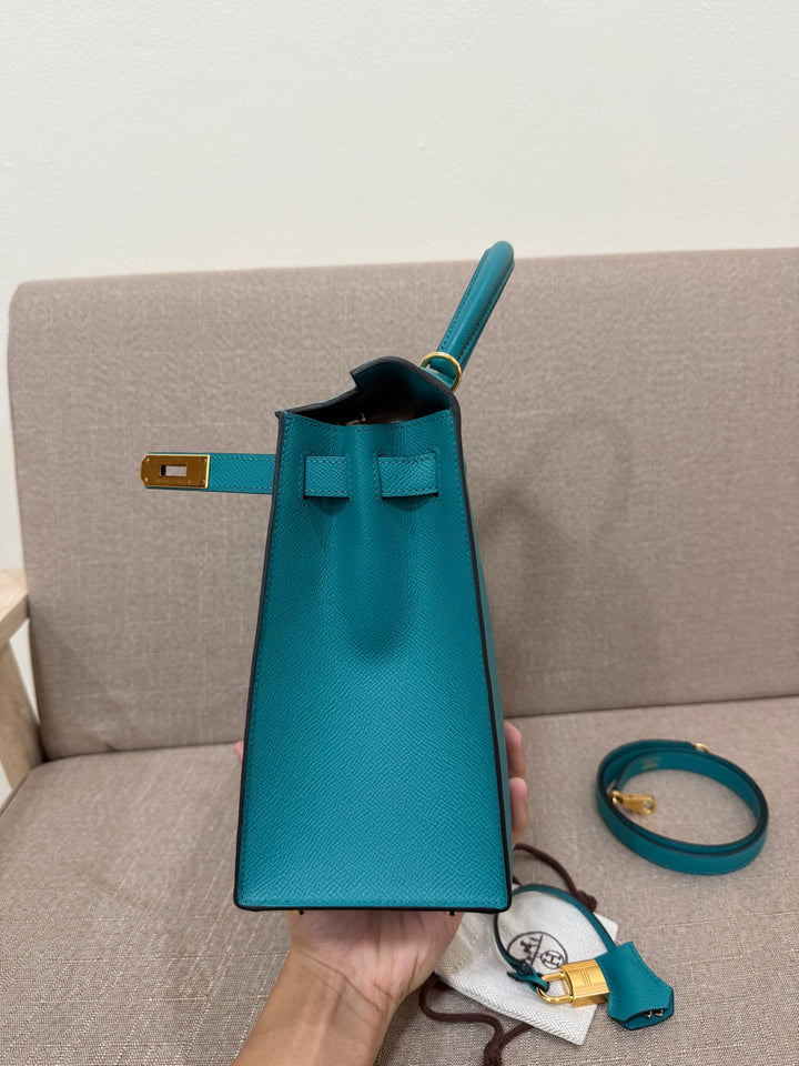 Hermes Kelly 28 in Bleu Paon Epsom Sellier Leather GHW Stamp D 2019