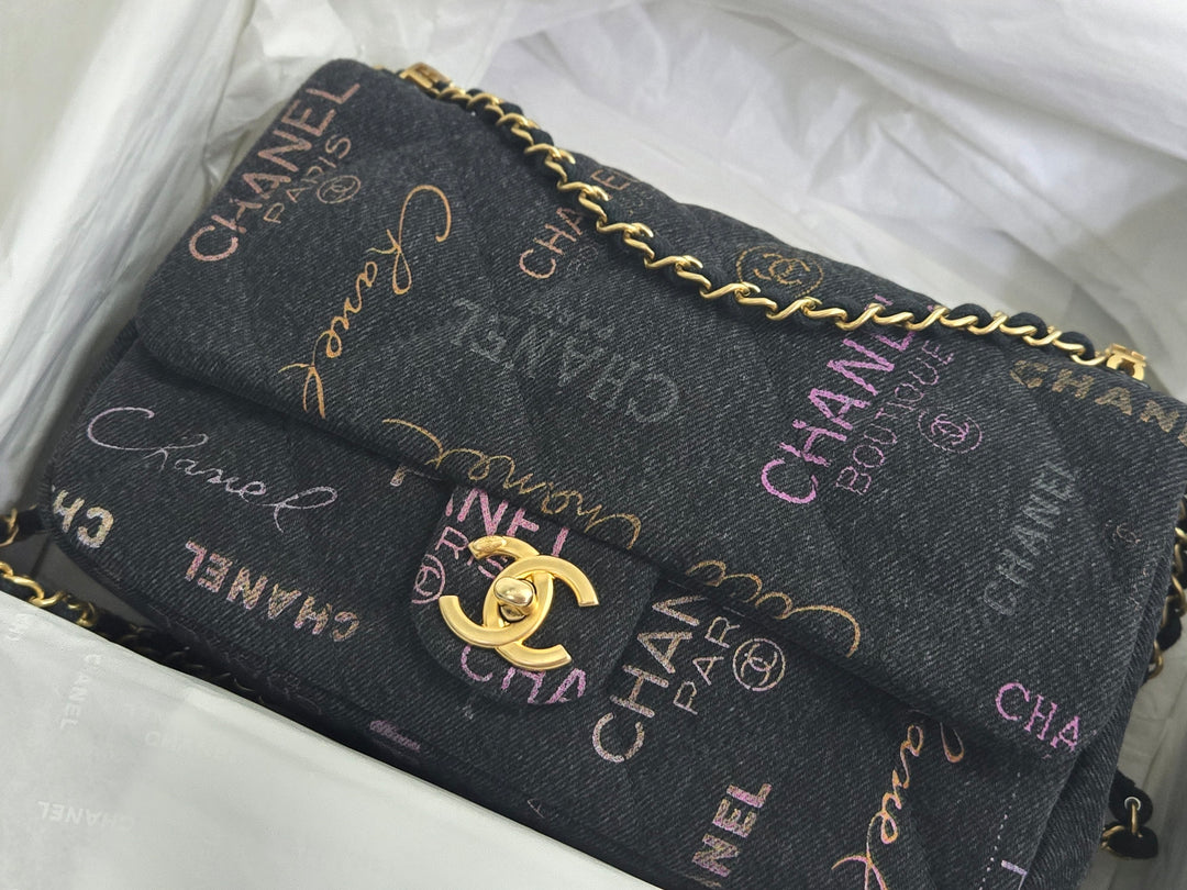 Chanel 22P collection Black Denim Mood Flap Bag with Aged GHW size Medium (25 cms)