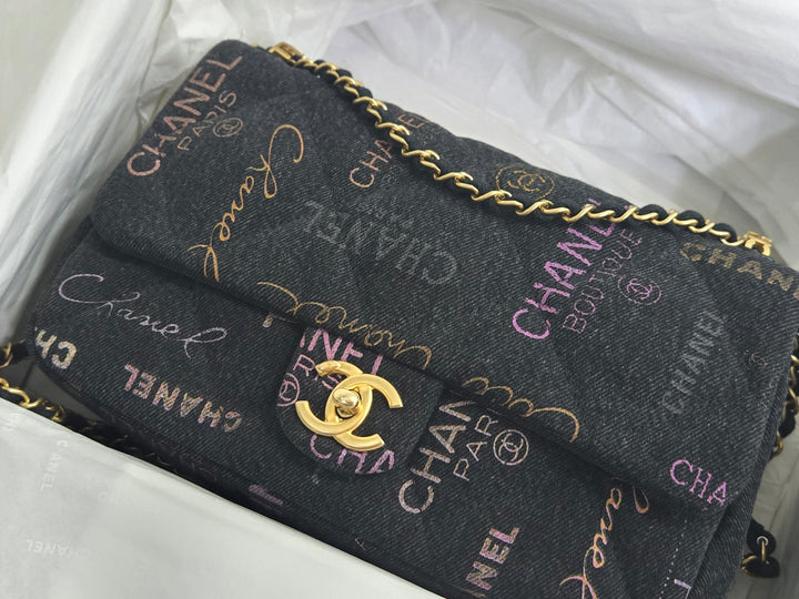 Chanel 22P collection Black Denim Mood Flap Bag with Aged GHW size Medium (25 cms)