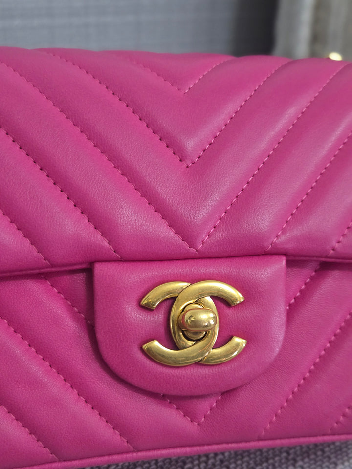 Chanel series 21 Barbie Pink Lambskin Chevron Mini Rectangular Flap Bag with Yellow GHW