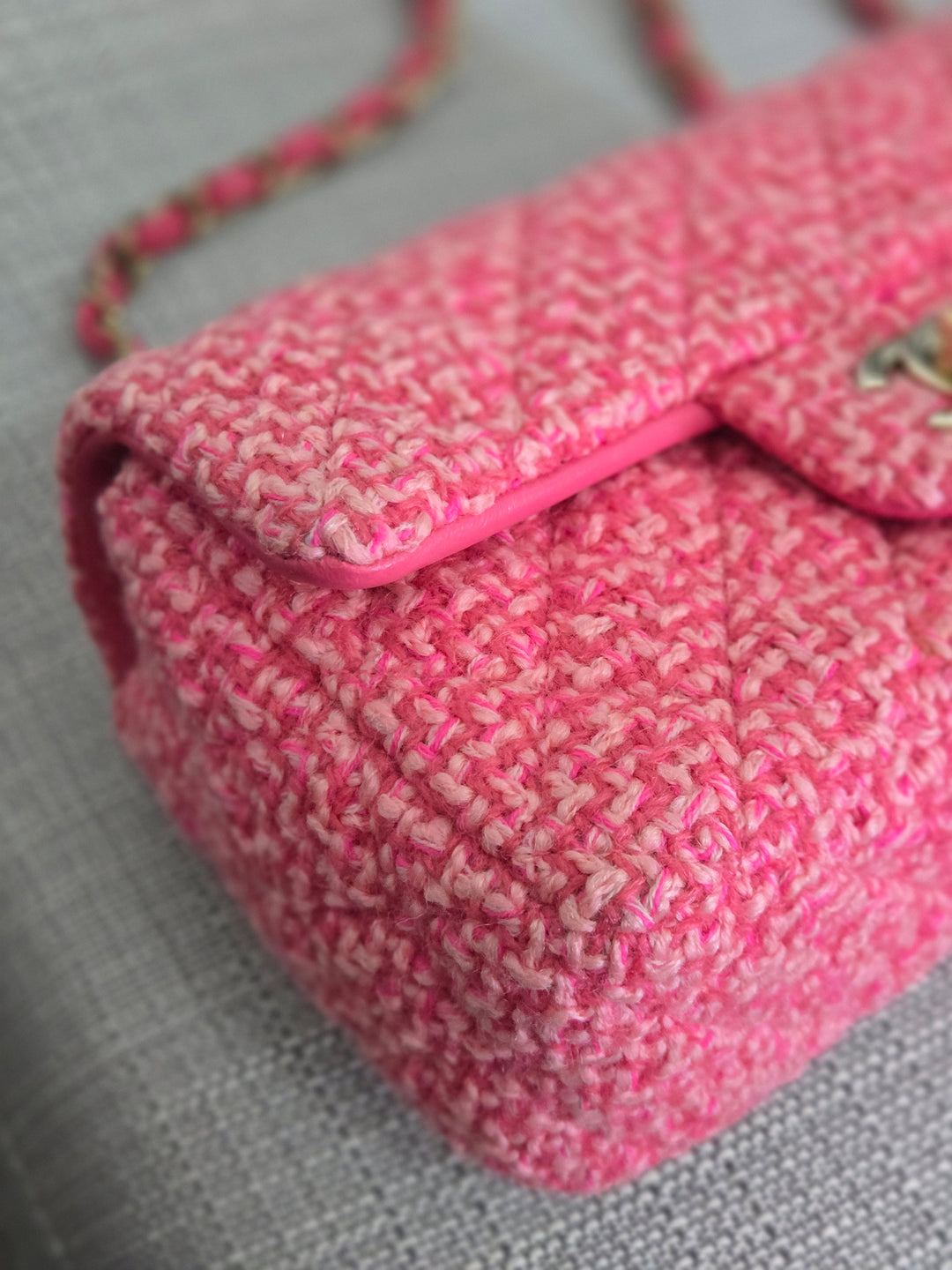 Chanel 22B 2022 Fall/Winter Fuchsia/Light Pink/Dark Pink Tweed Mini Rectangular Flap Bag with Champagne GHW