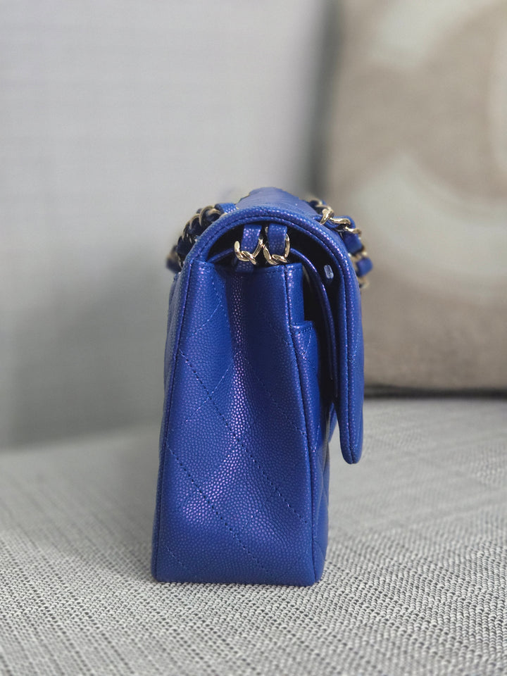 Chanel series 31 Iridescent Cobalt Blue Caviar Medium ML Timeless Classic Double Flap Bag with Champagne GHW