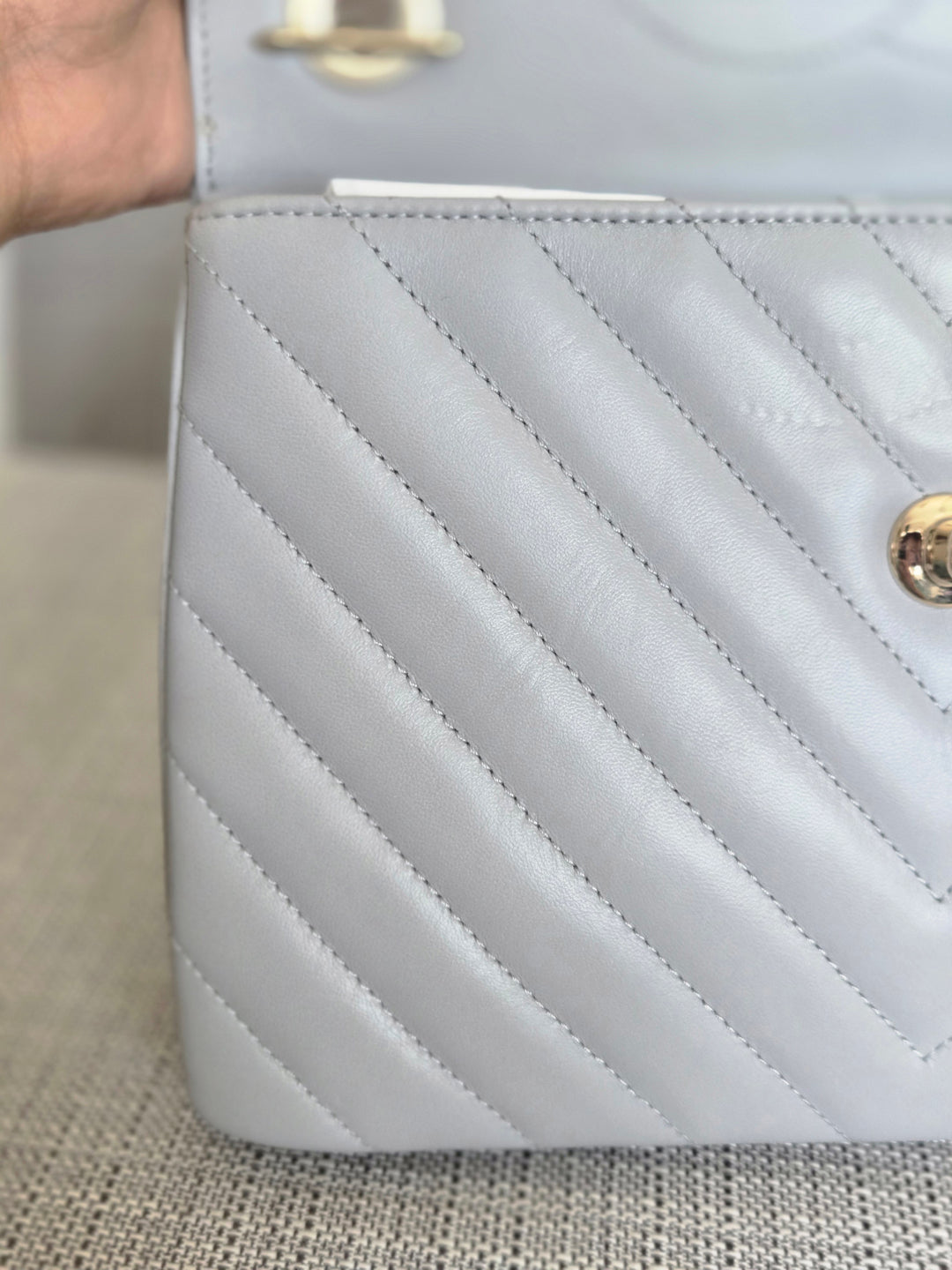 Chanel series 25 Grey Lambskin Chevron Trendy CC Top Handle Flap Bag Size Small with Champagne GHW and Detachable Shoulder strap