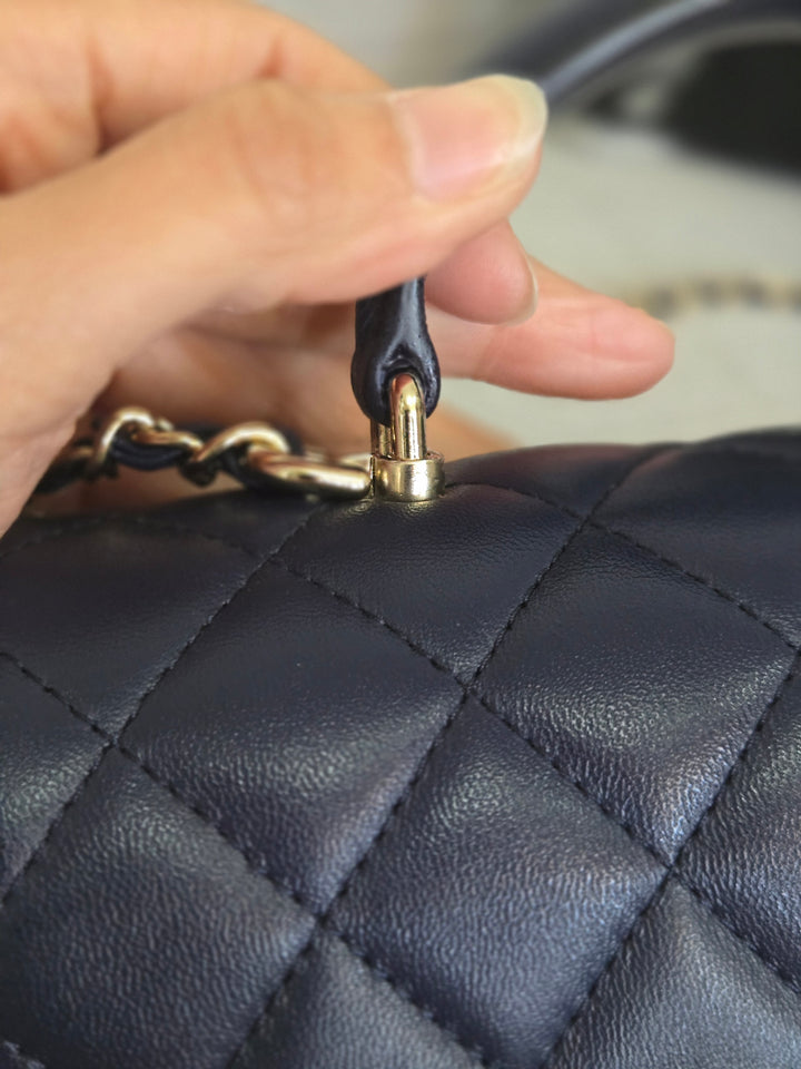 Chanel Navy Lambskin Mini Rectangular Flap Bag with Champagne GHW and Top Handle