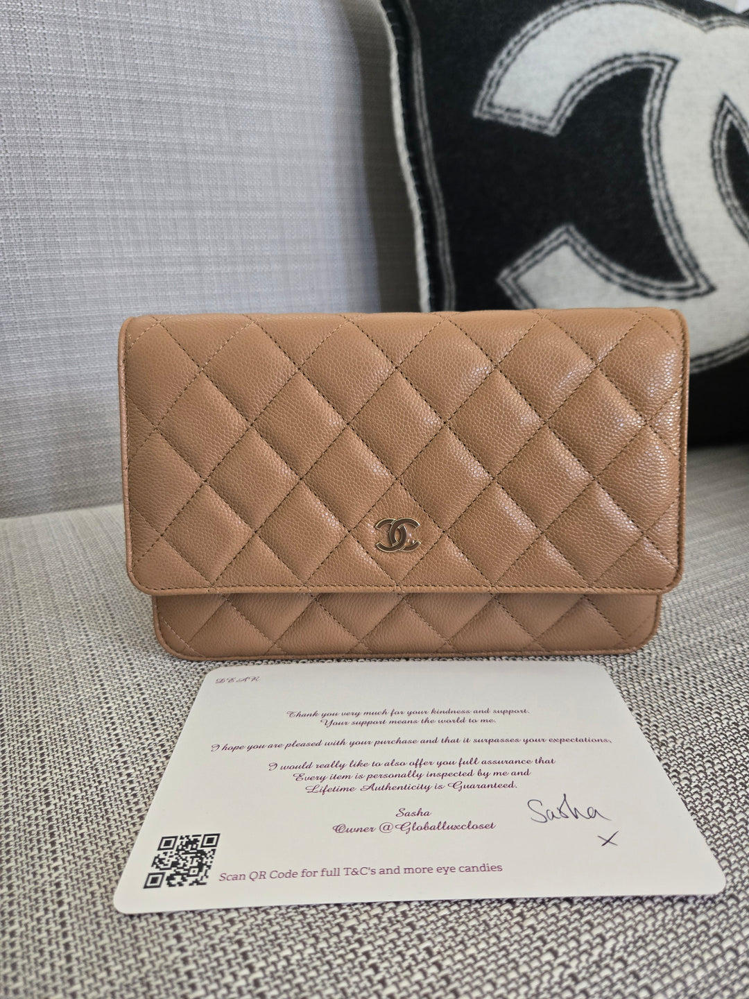 Chanel Dark Beige Caviar Champagne GHW Classic Wallet on Chain (WOC) 2023