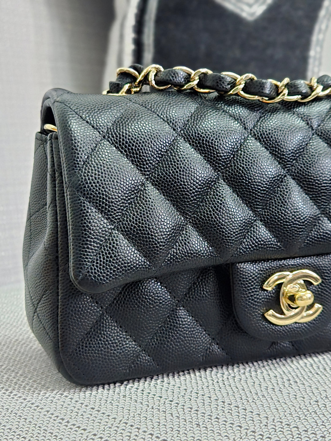 Chanel series 26 18B Collection Black Caviar Classic Mini Rectangular Flap Bag with champagne GHW