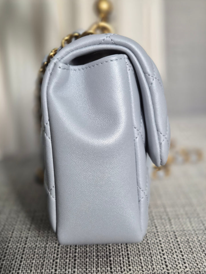 CHANEL Pearl Twist Pearly Silver Light Blue Lambskin Mini Flap Bag