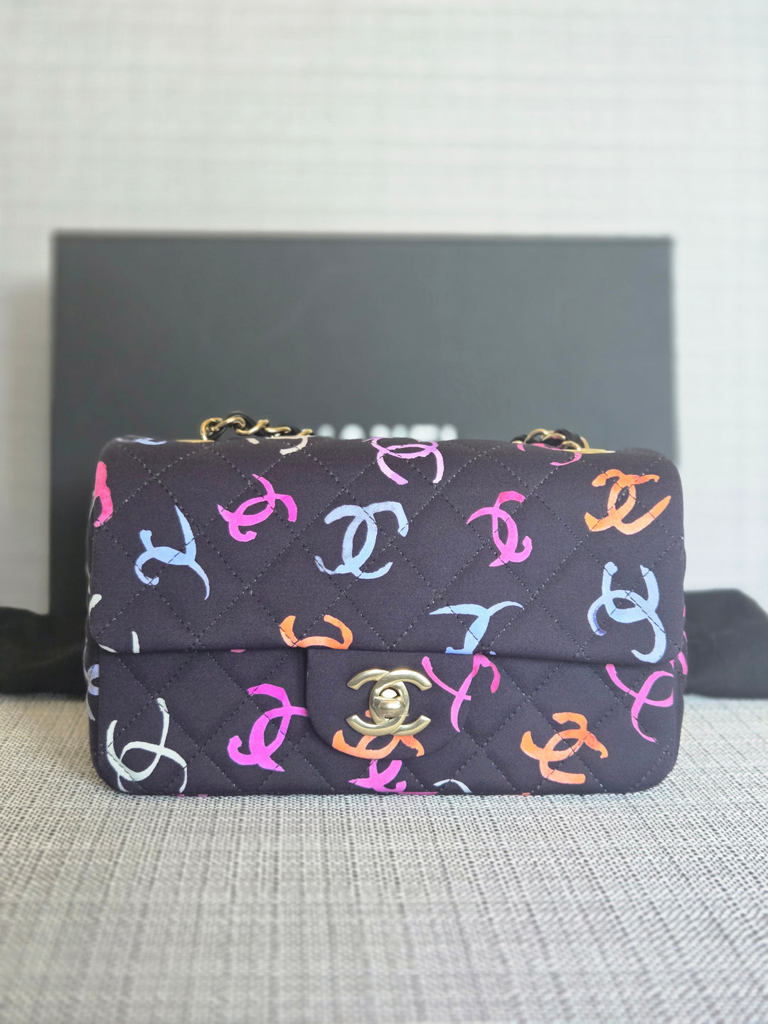 Chanel 24S collection Navy Multi color Jersey Mini Rectangular Flap Bag with Champagne GHW