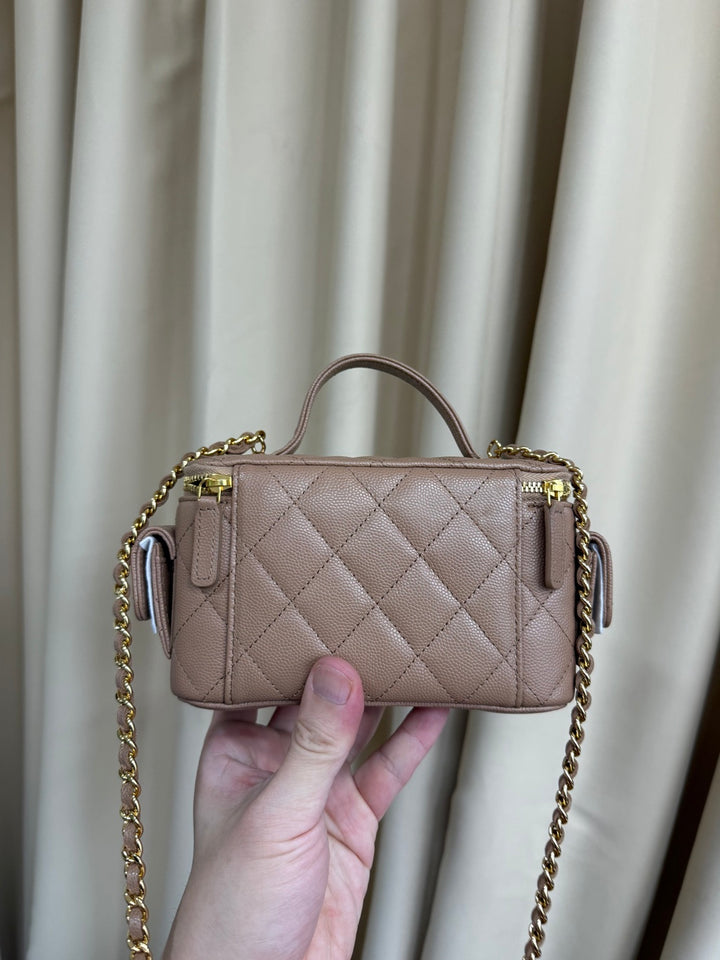CHANEL Dark Beige Caviar Quiled Polly Pockets Cargo Small Vanity Case with Aged GHW