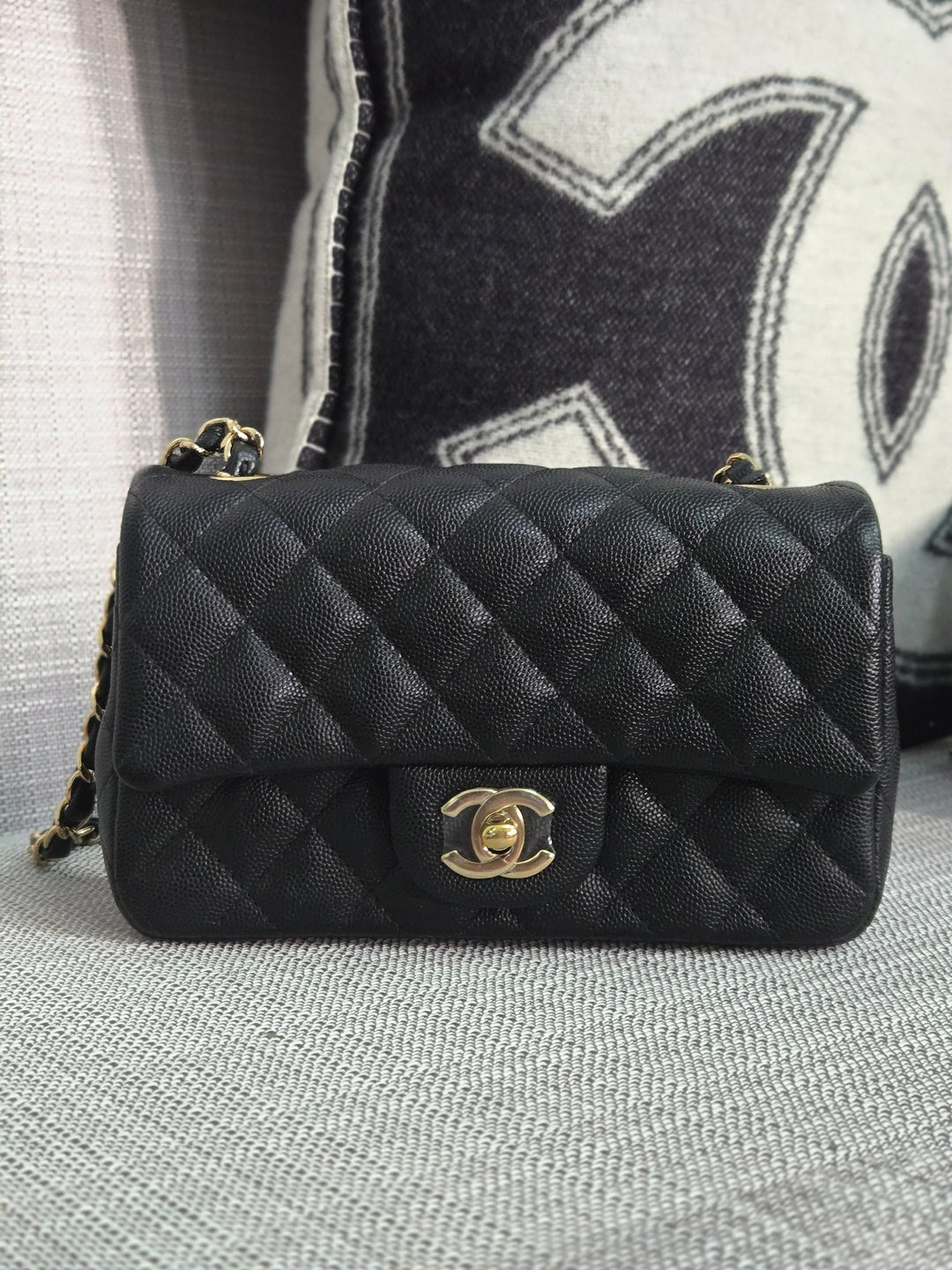 Chanel series 26 18B Collection Black Caviar Classic Mini Rectangular Flap Bag with champagne GHW
