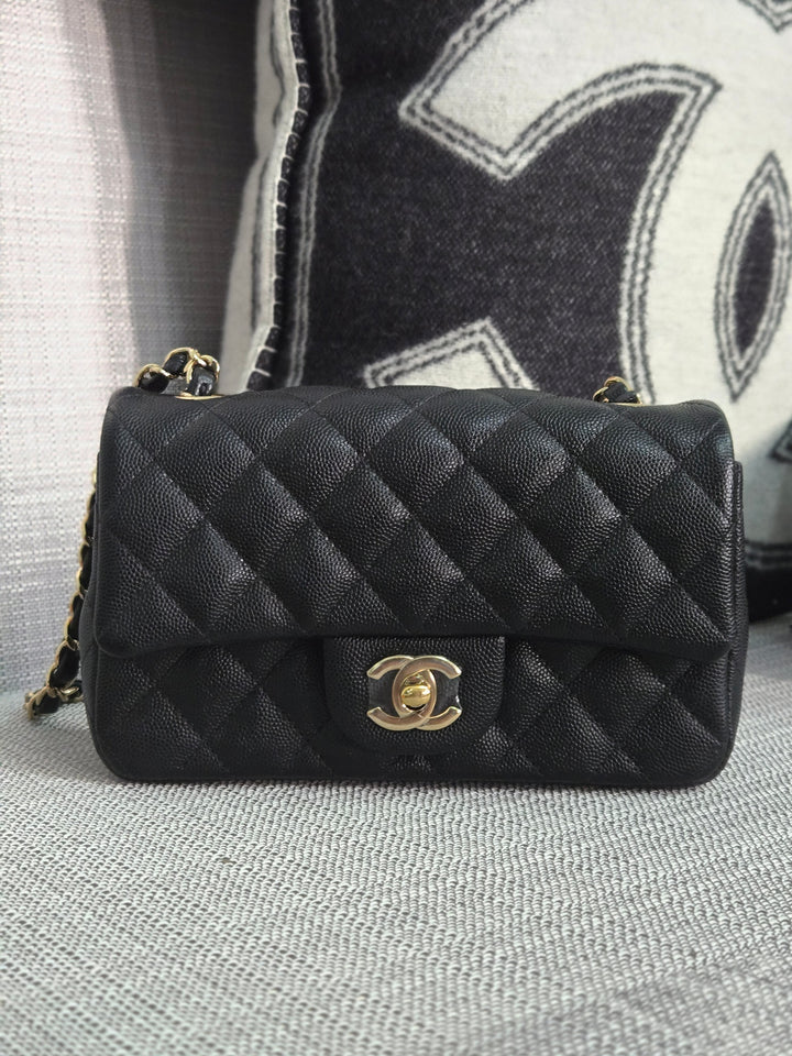 Chanel series 26 18B Collection Black Caviar Classic Mini Rectangular Flap Bag with champagne GHW