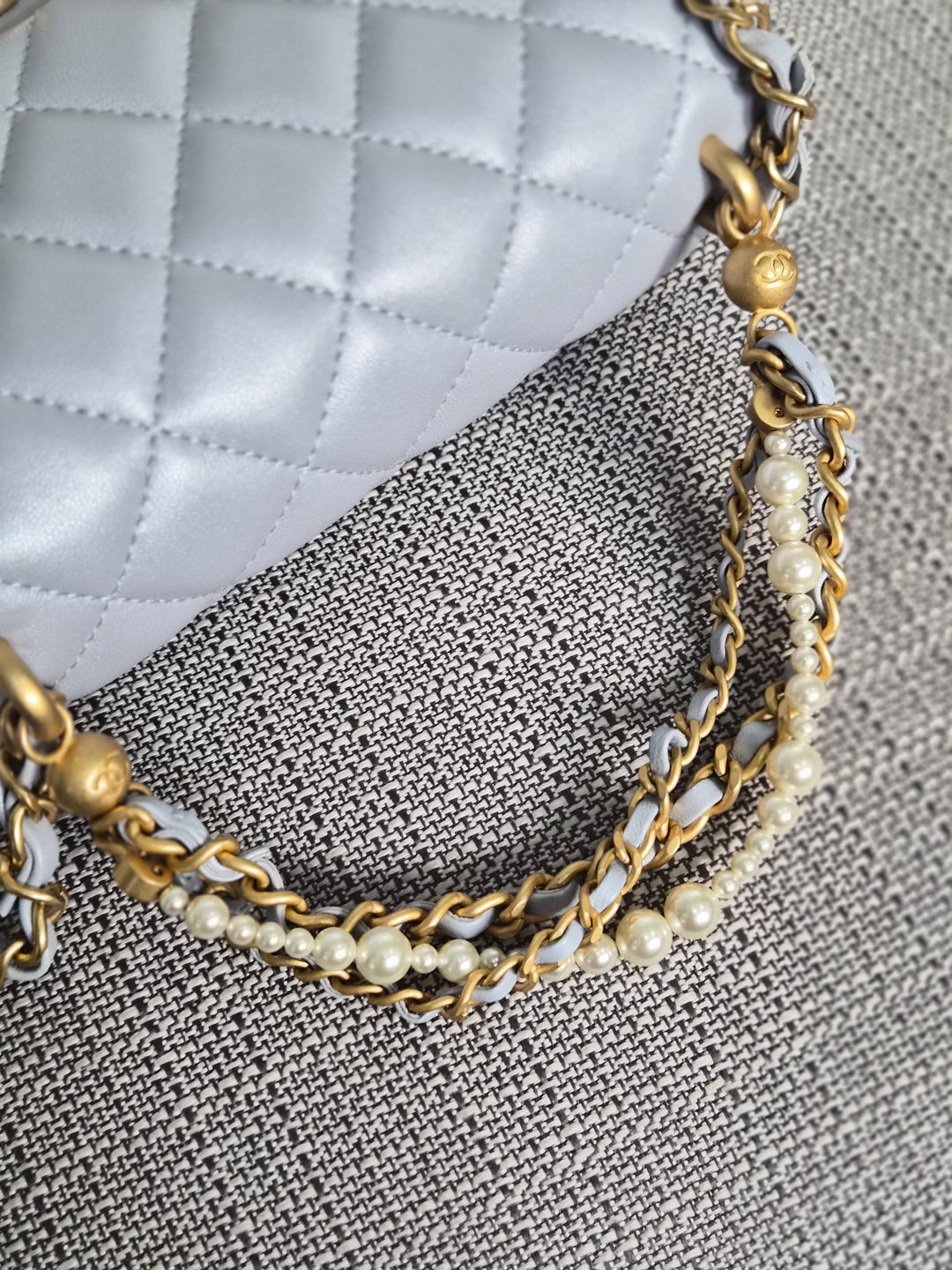 CHANEL Pearl Twist Pearly Silver Light Blue Lambskin Mini Flap Bag