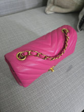 Load image into Gallery viewer, Chanel series 21 2015 Hot Pink Lambskin Chevron Mini Rectangular Flap Bag with Yellow GHW
