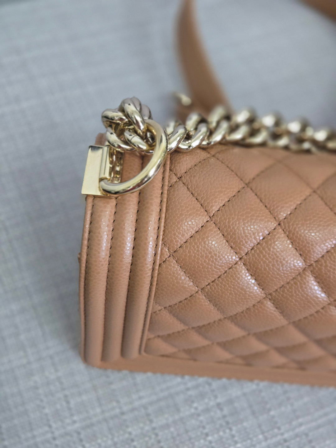Chanel 21K 2021 Fall/Winter Collection Caramel Brown Caviar shiny champagne GHW Small Le Boy Flap Bag