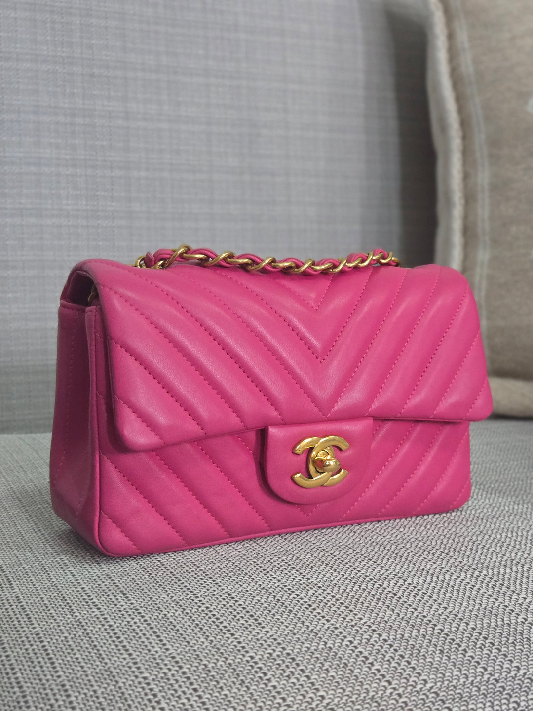 Chanel series 21 Barbie Pink Lambskin Chevron Mini Rectangular Flap Bag with Yellow GHW