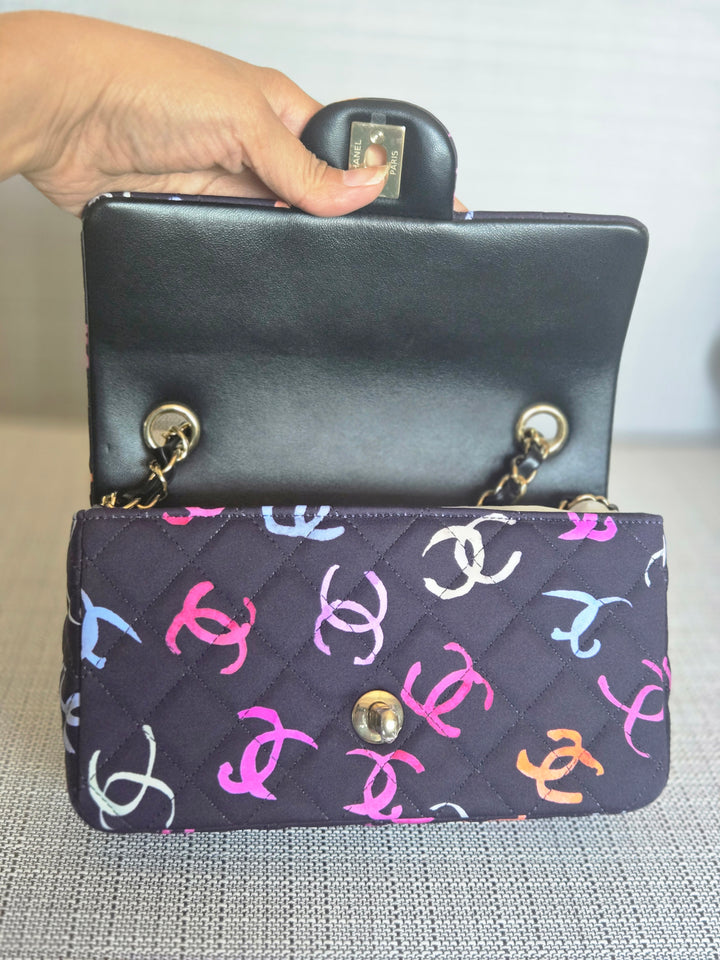 Chanel 24S collection Navy Multi color Jersey Mini Rectangular Flap Bag with Champagne GHW