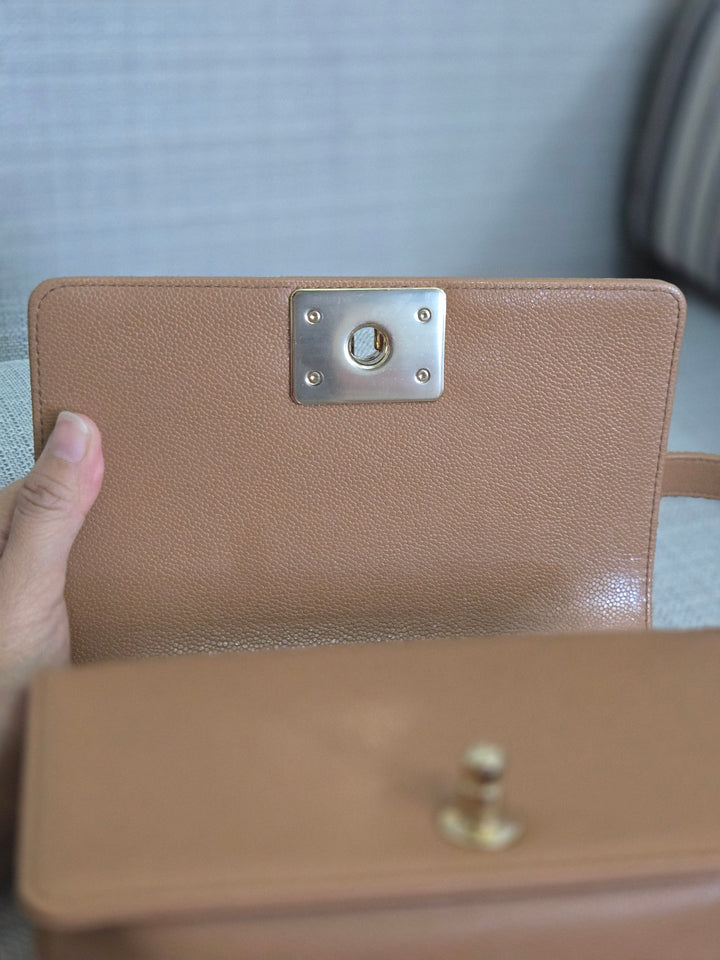 Chanel 21K 2021 Fall/Winter Collection Caramel Brown Caviar shiny champagne GHW Small Le Boy Flap Bag