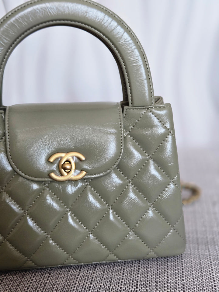 CHANEL Sage Khaki Green Glazed Calfskin Aged GHW Nano Kelly Shopping Bag size Small (19cms)