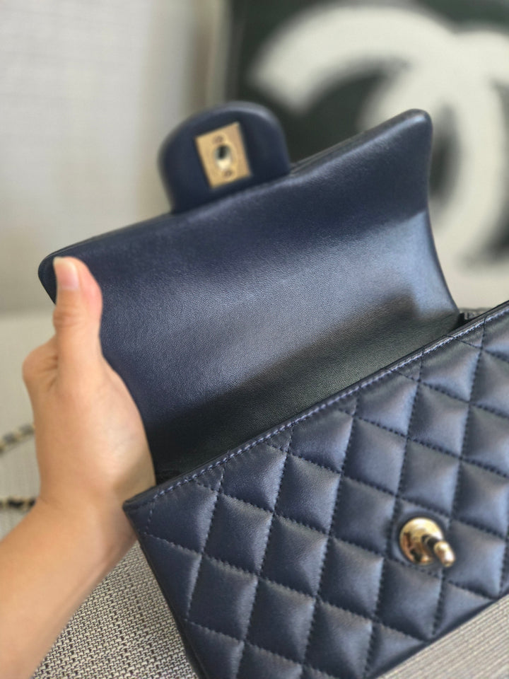 Chanel Navy Lambskin Mini Rectangular Flap Bag with Champagne GHW and Top Handle