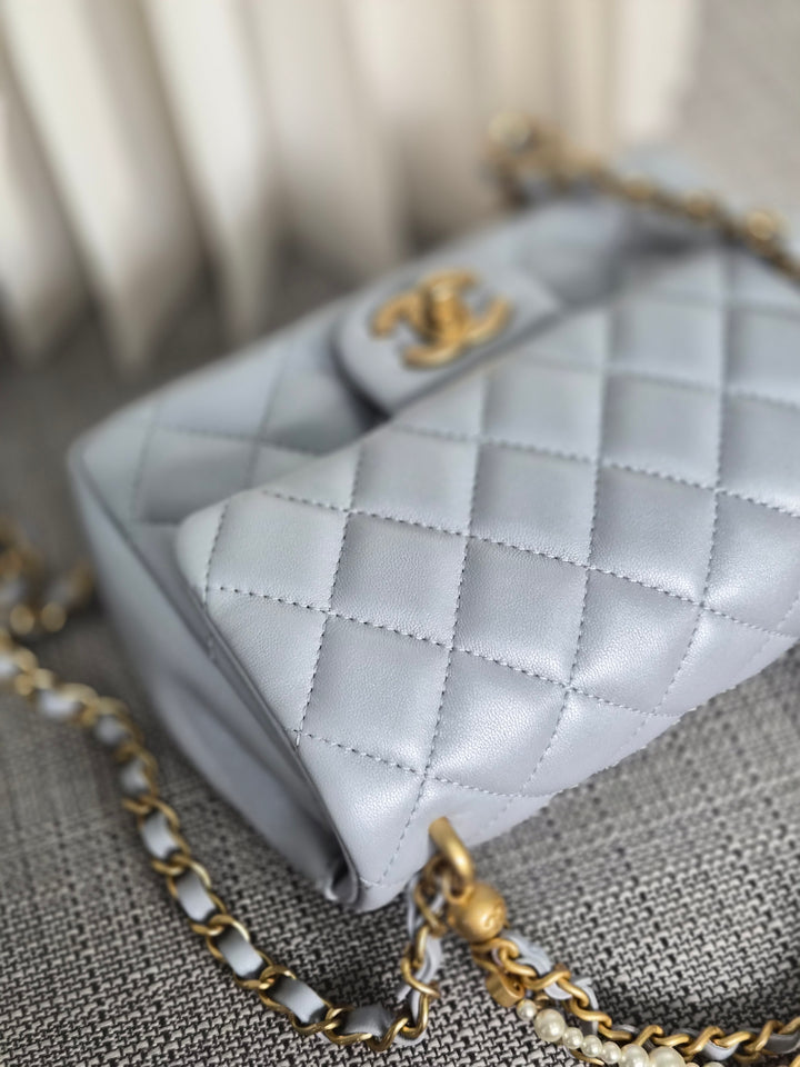CHANEL Pearl Twist Pearly Silver Light Blue Lambskin Mini Flap Bag