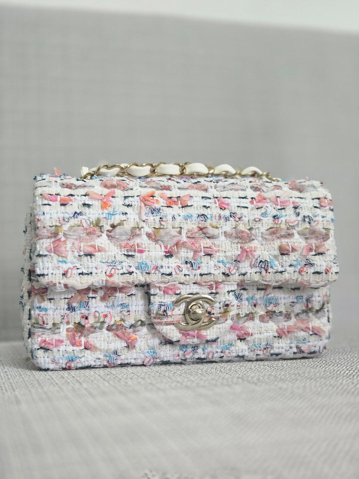 Chanel 23C 2022/2023 Cruise Collection Tweed Quilted Mini Rectangular Flap Bag in Ecru, Pink, Blue, and Green with Champagne GHW