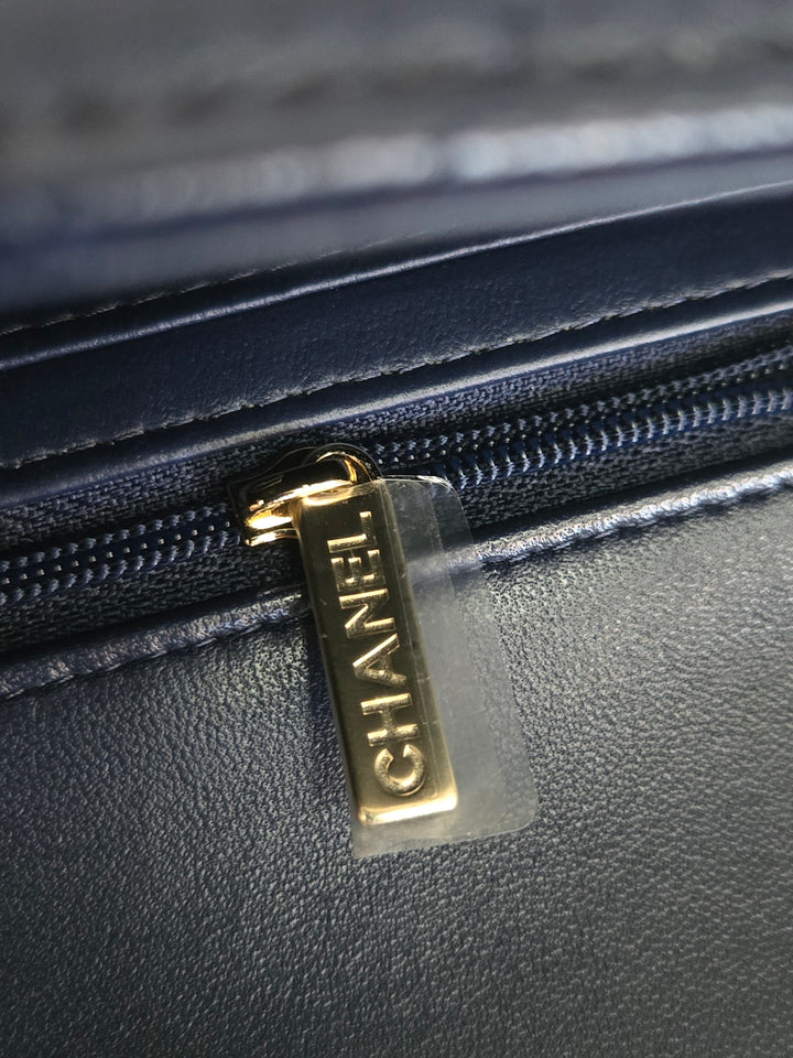 Chanel Navy Lambskin Mini Rectangular Flap Bag with Champagne GHW and Top Handle