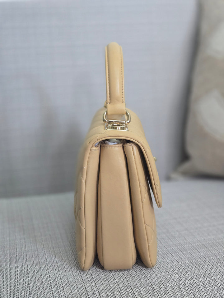 Chanel series 26 2018 Beige Lambskin Trendy CC Flap Bag with Top Handle Size Small with Champagne GHW and detachable Shoulder strap