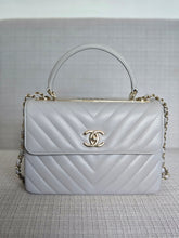 Load image into Gallery viewer, Chanel series 25 Grey Lambskin Chevron Trendy CC Top Handle Flap Bag Size Small with Champagne GHW and Detachable Shoulder strap
