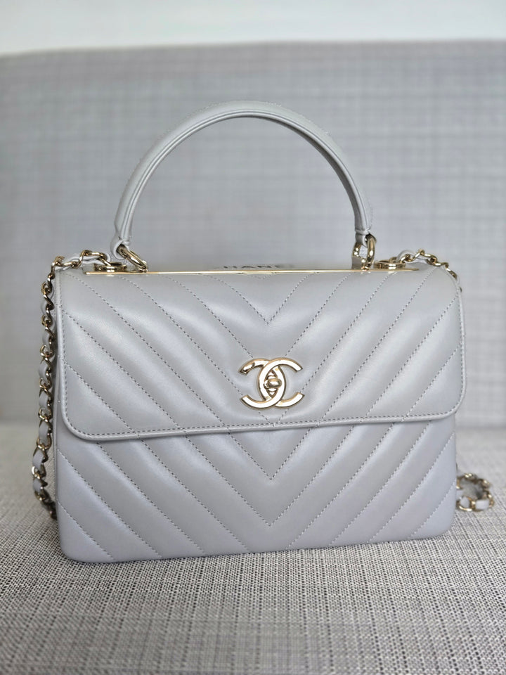 Chanel series 25 Grey Lambskin Chevron Trendy CC Top Handle Flap Bag Size Small with Champagne GHW and Detachable Shoulder strap
