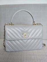 Load image into Gallery viewer, Chanel series 25 Grey Lambskin Chevron Trendy CC Top Handle Flap Bag Size Small with Champagne GHW and Detachable Shoulder strap
