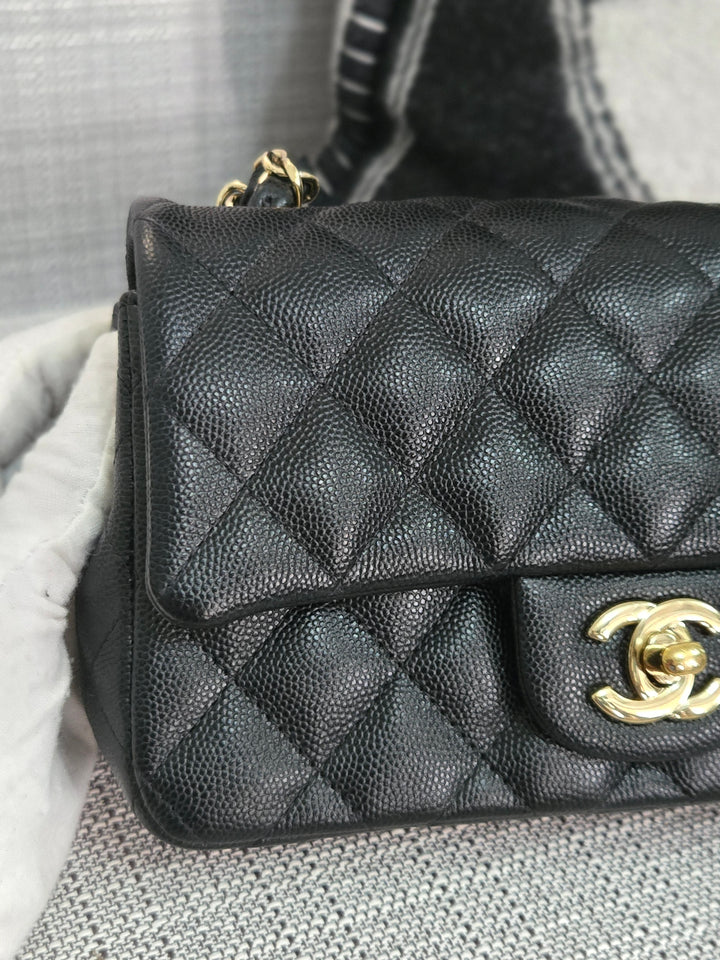 Chanel series 26 18B Collection Black Caviar Classic Mini Rectangular Flap Bag with champagne GHW